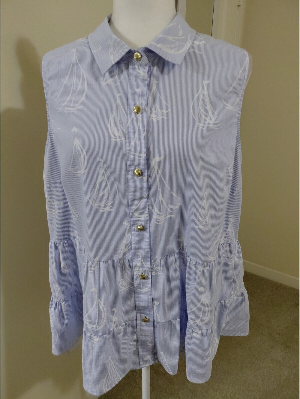 Lilly Pulitzer 16 Sailboat Cool As Shell Shirt Coastal Nautical Preppy EUC #674